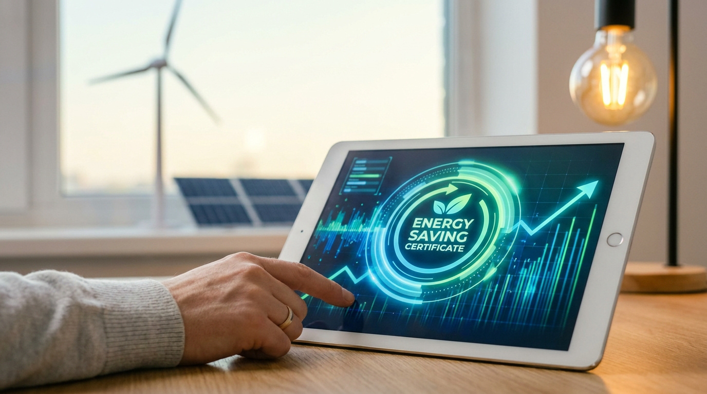 Persona tocando una tablet con un gráfico digital sobre el certificado de ahorro energético frente a una ventana.