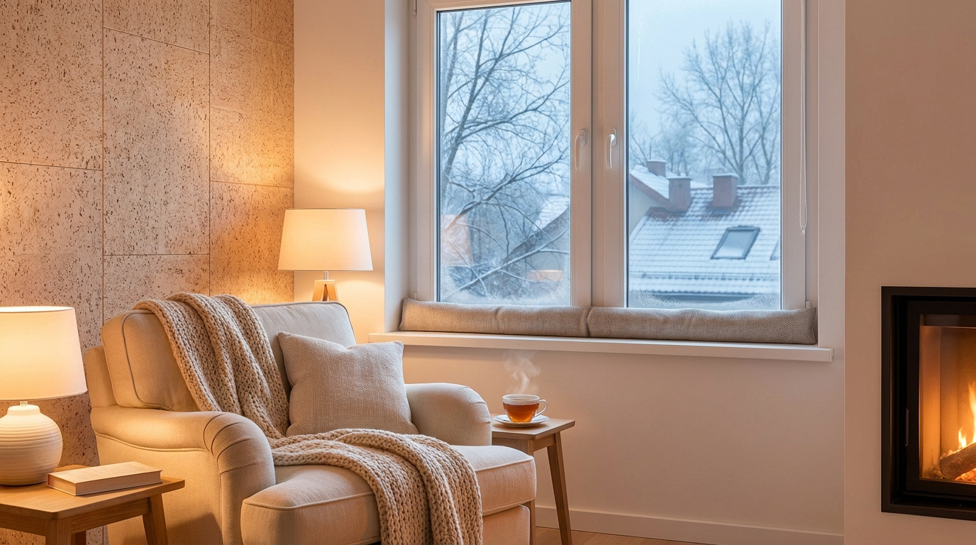 Rincón acogedor con butaca, manta, chimenea y un burlete aislante en la ventana durante un día de nieve.