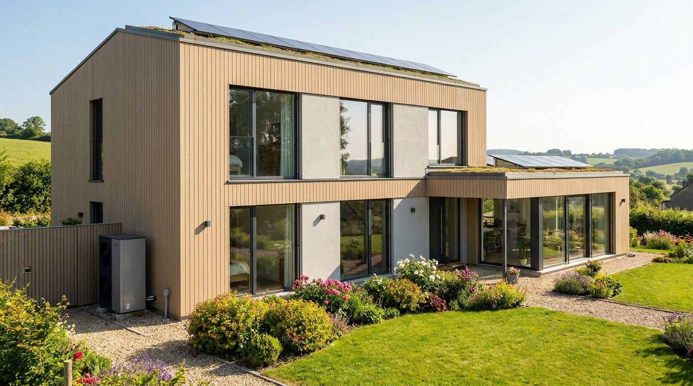 Casa moderna con paneles solares, techo verde y bomba de calor rodeada de un jardín en un entorno rural soleado.