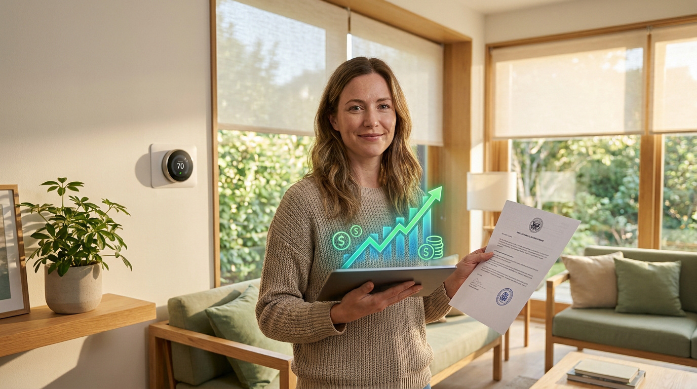 Mujer sosteniendo una tablet y un documento, con un gráfico digital de ahorro económico sobre una tablet en su hogar.