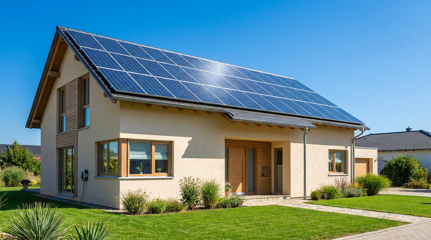 Casa moderna de color beige con placas solares en el tejado y jardín delantero bajo un cielo azul despejado.
