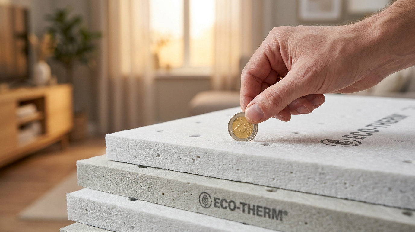 Mano sosteniendo una moneda de dos euros sobre paneles aislantes blancos con la marca Eco-Therm en un salón.