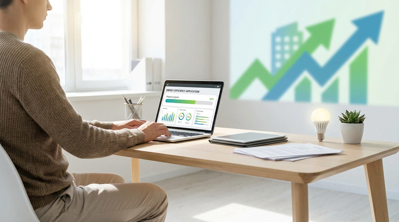 Persona trabajando en una laptop que muestra una interfaz de eficiencia energética, con gráficos de crecimiento en la pared.