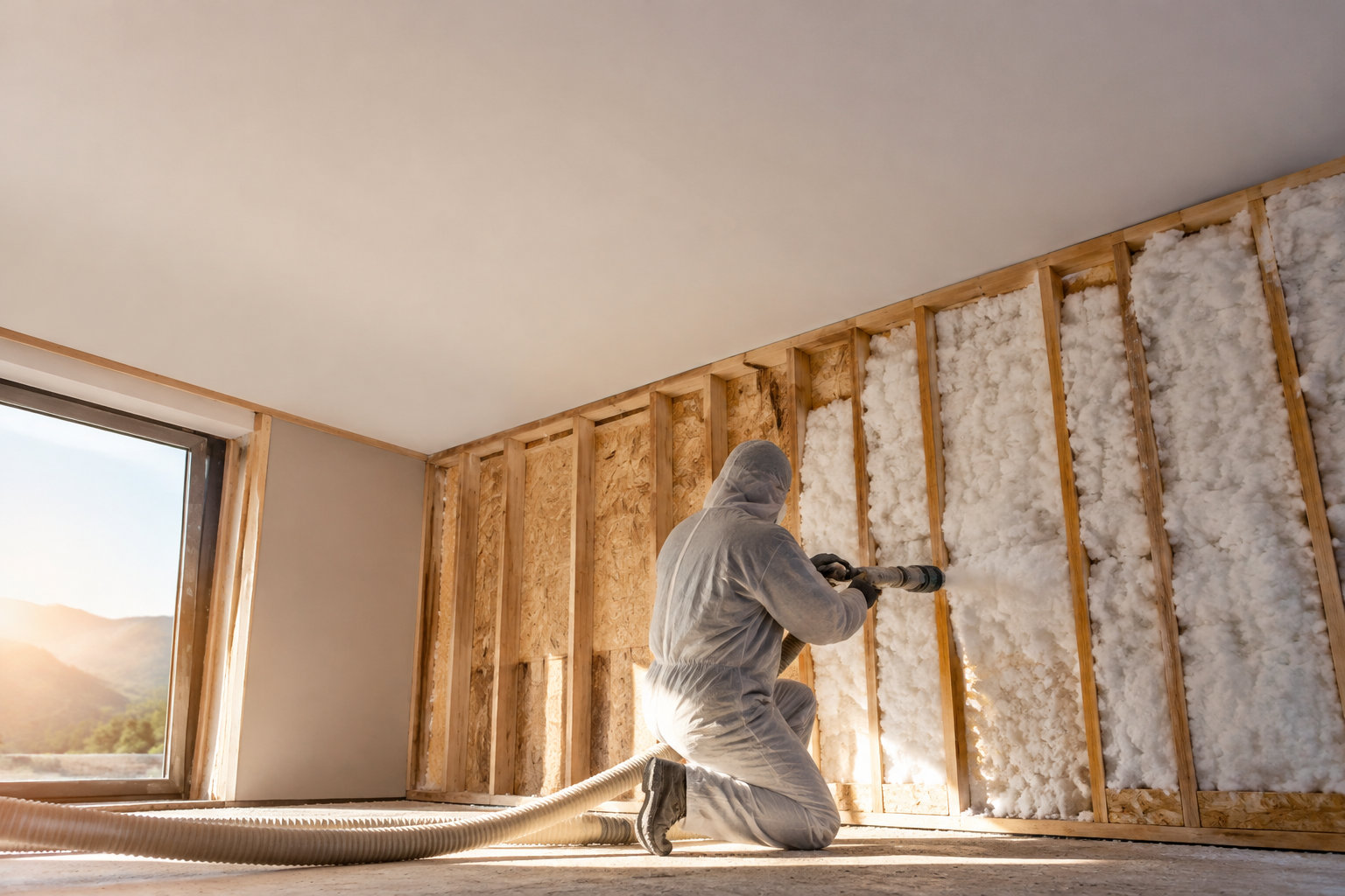 Trabajador con traje de protección aplicando aislamiento insuflado entre los perfiles de madera de una pared interior.