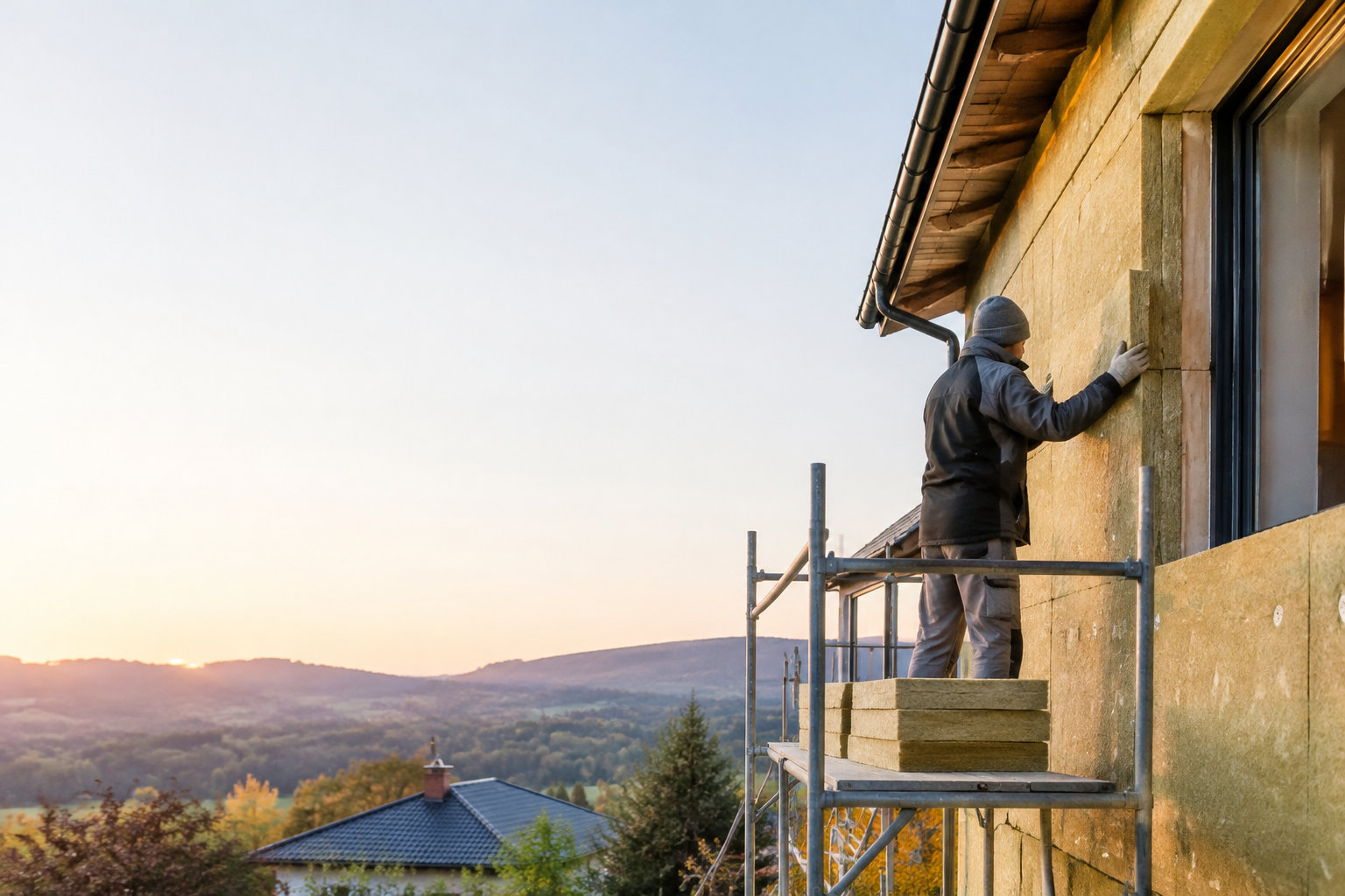 Trabajador instalando paneles de aislamiento en la fachada de una vivienda desde un andamio al atardecer.