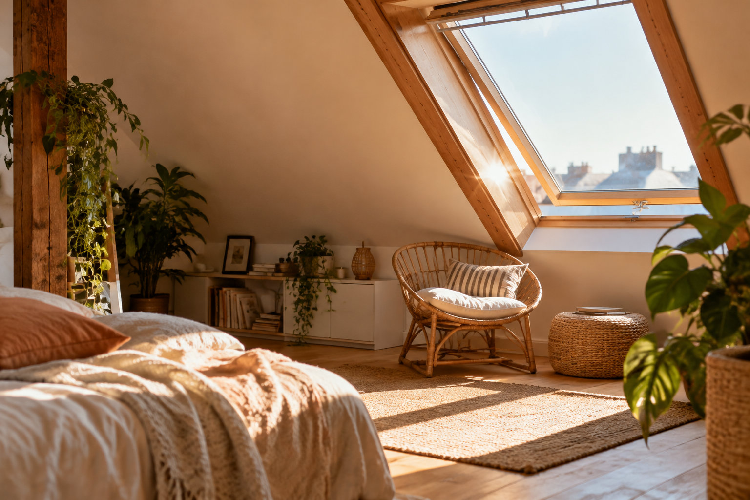 Dormitorio abuhardillado luminoso con una silla de ratán, plantas y una ventana de techo bajo la cálida luz del sol.