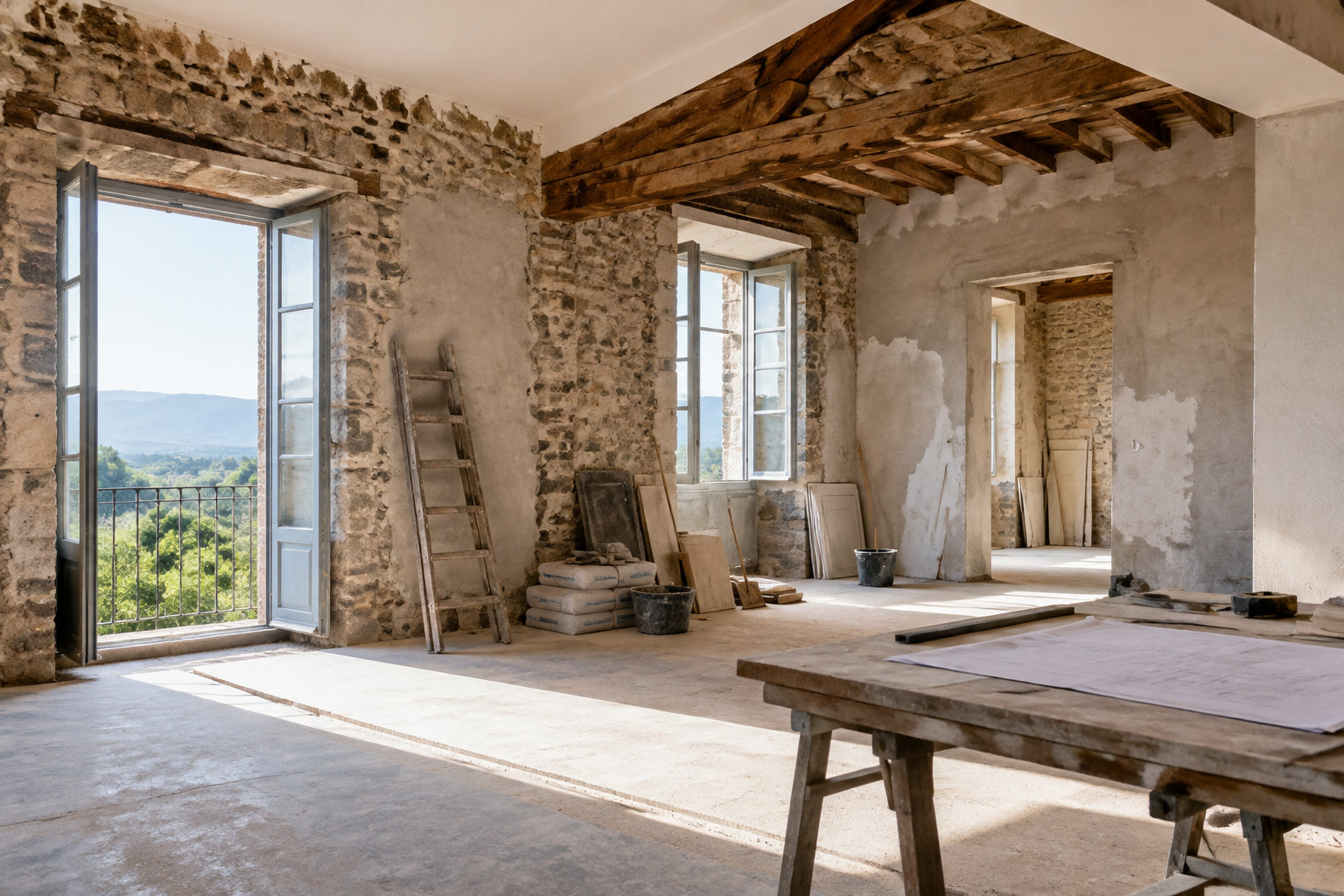 Interior de una casa antigua en reforma con paredes de piedra vista, vigas de madera, andamios y planos sobre una mesa.