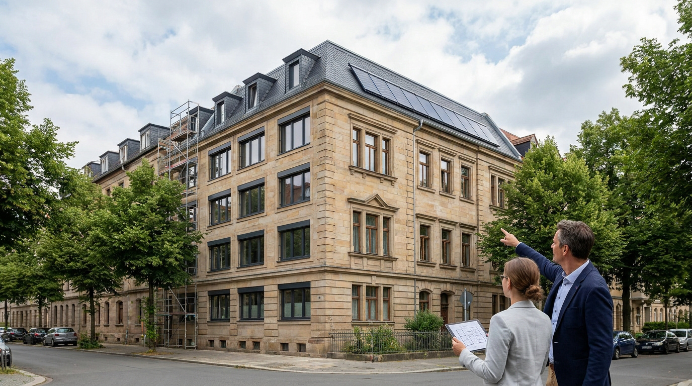 Dos profesionales de la construcción analizan un edificio antiguo de piedra con andamios y paneles solares instalados.