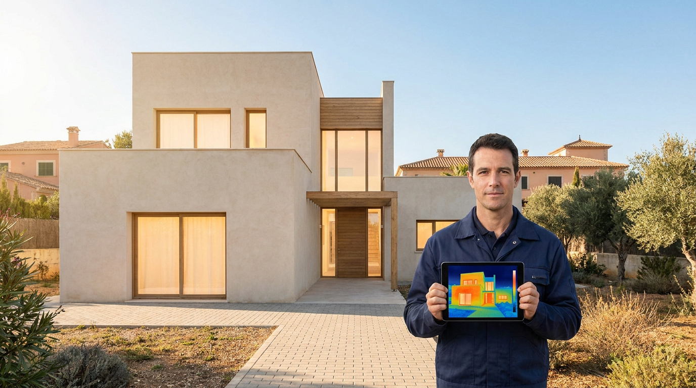 Técnico mostrando una tablet con una imagen termográfica de una casa moderna con aislamiento térmico.