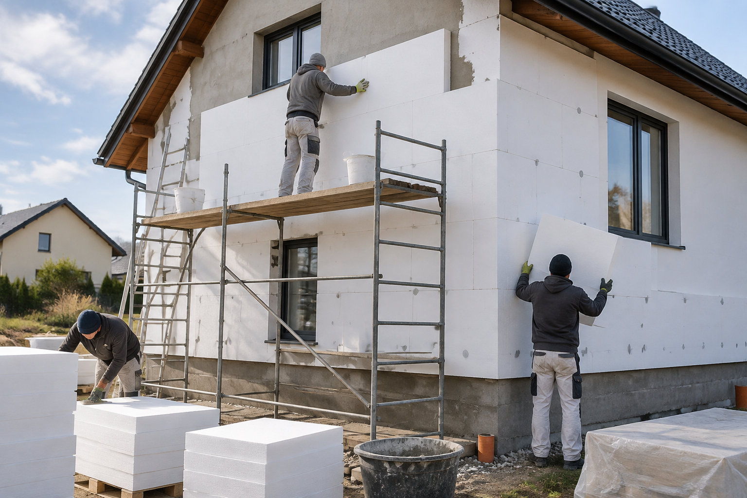 Tres trabajadores instalan paneles aislantes blancos en la fachada de una casa, con un andamio y pilas de paneles alrededor.