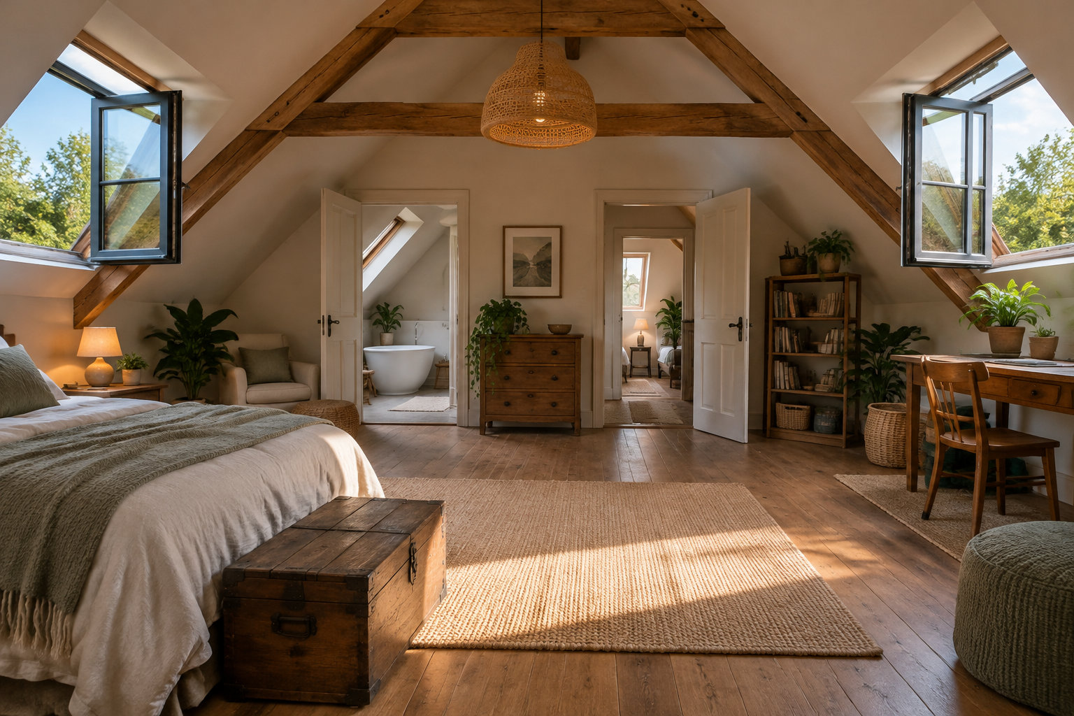 Un dormitorio abuhardillado con vigas de madera, cama, cómoda, estantería, plantas y ventanas abiertas.