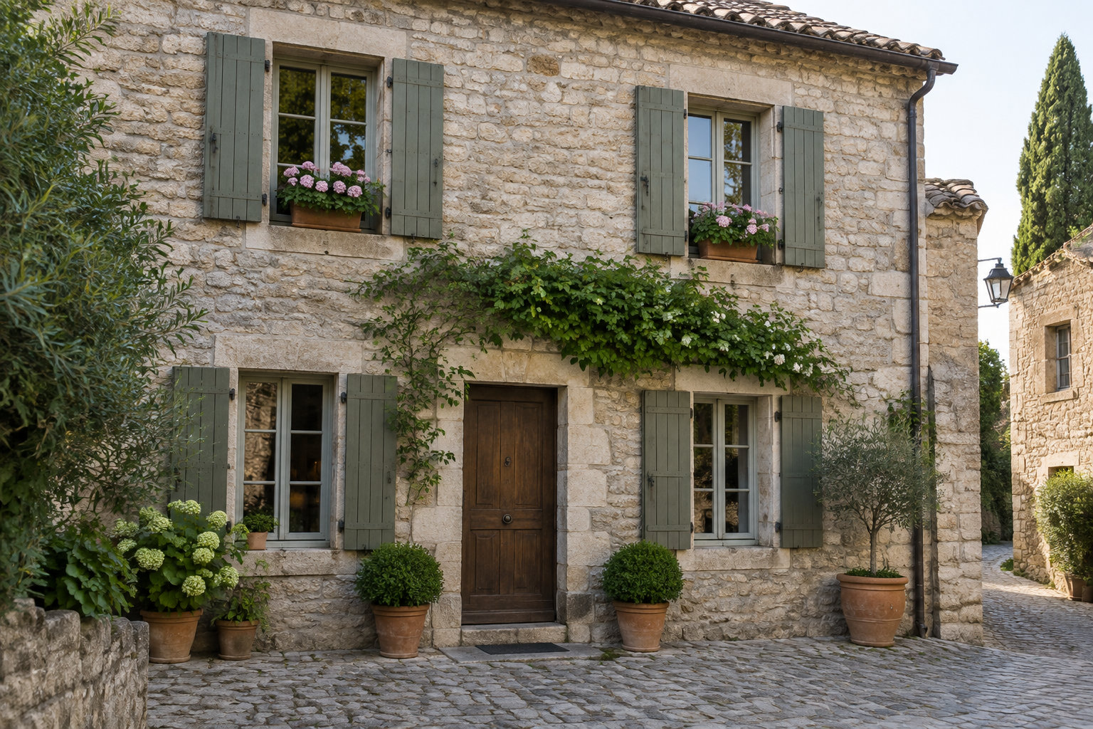 Una casa de piedra con contraventanas verdes, flores en las ventanas y macetas junto a la puerta, en una calle empedrada.