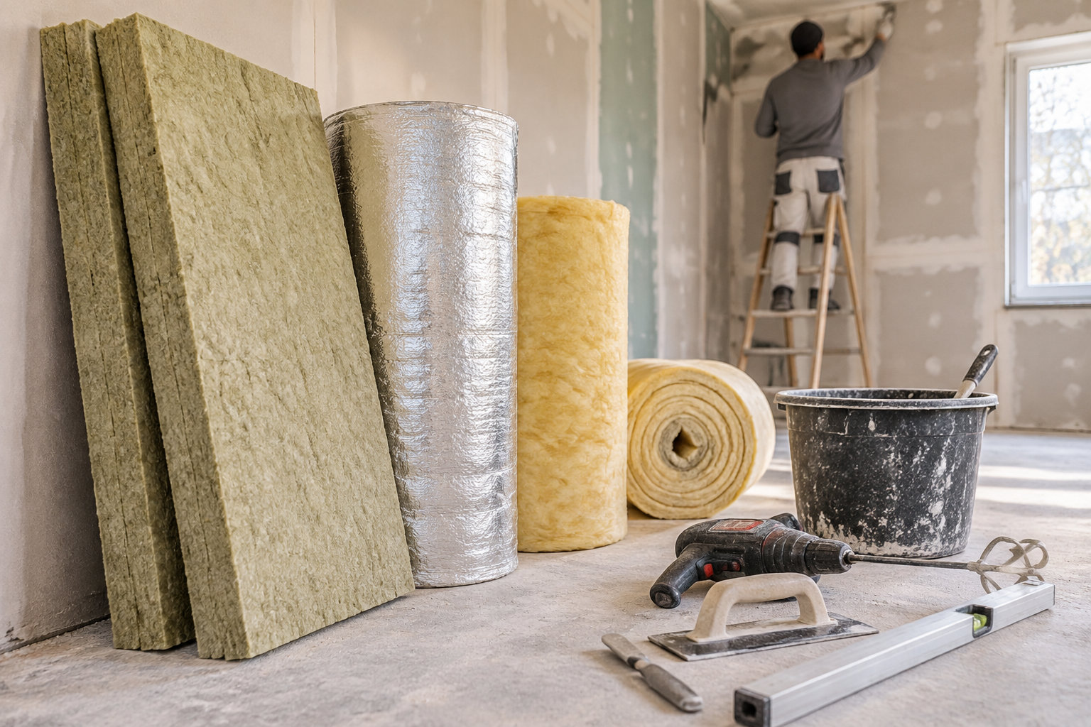 Un trabajador aplica material a una pared en una habitación en obras, rodeado de paneles aislantes, rollos de aislamiento y herramientas de construcción.