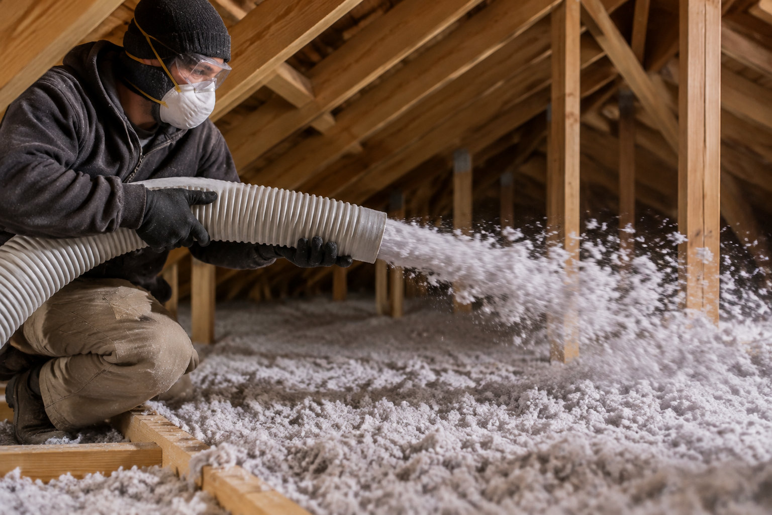 Un trabajador con mascarilla y gafas protectoras aplica aislamiento blanco con una manguera en el ático de una vivienda.