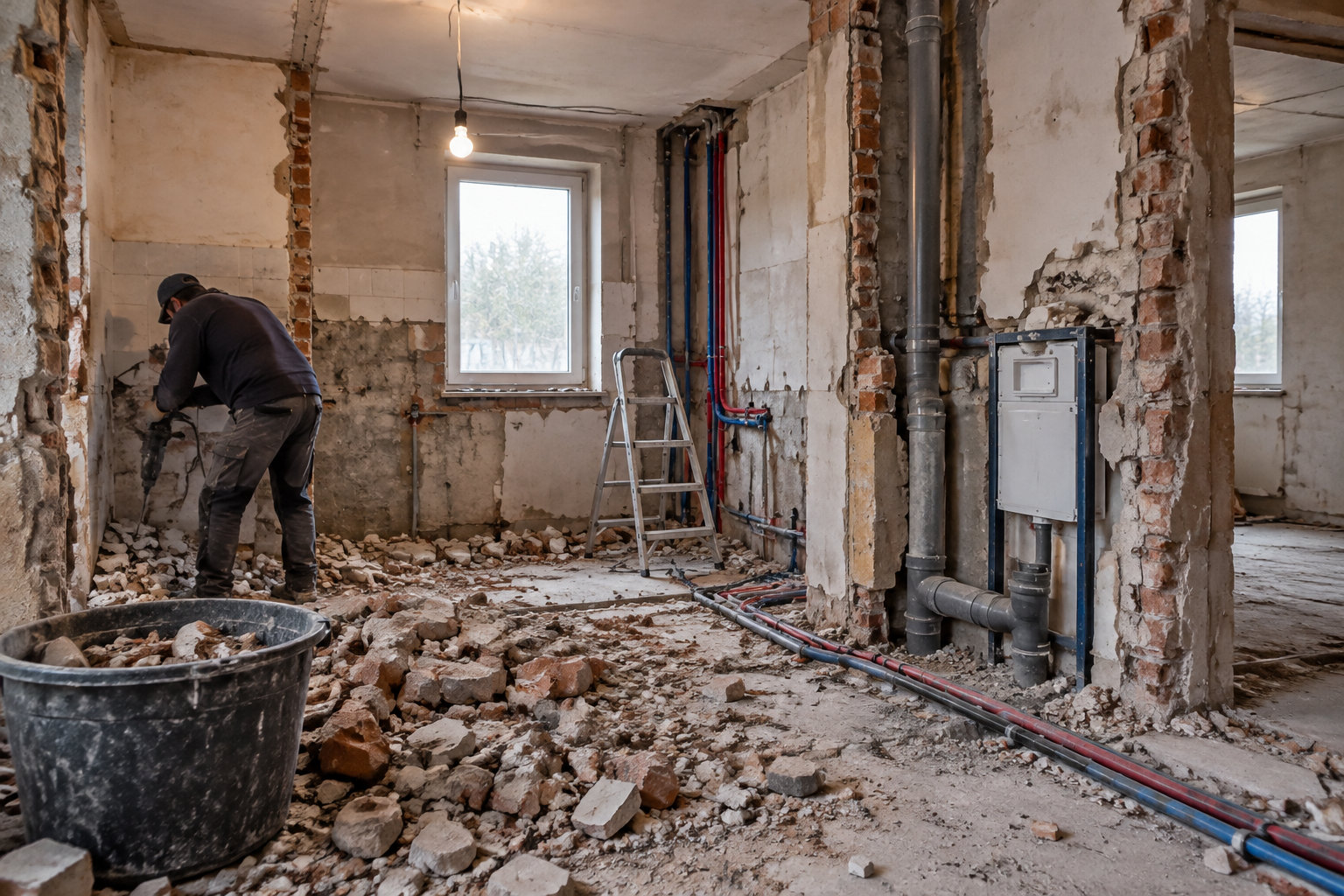 Un trabajador usa una herramienta para retirar escombros en una habitación en obras, con tuberías expuestas, una escalera y ladrillos rotos en el suelo.