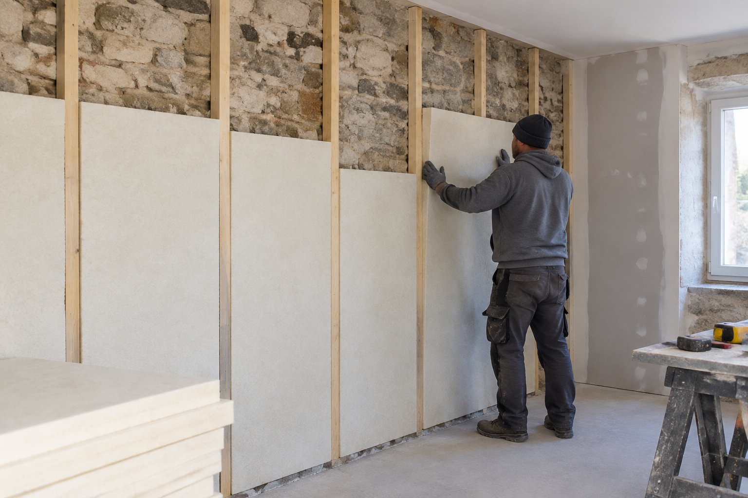 Un trabajador coloca una placa aislante en una pared con estructura de madera y piedra expuesta, en una habitación en obras.