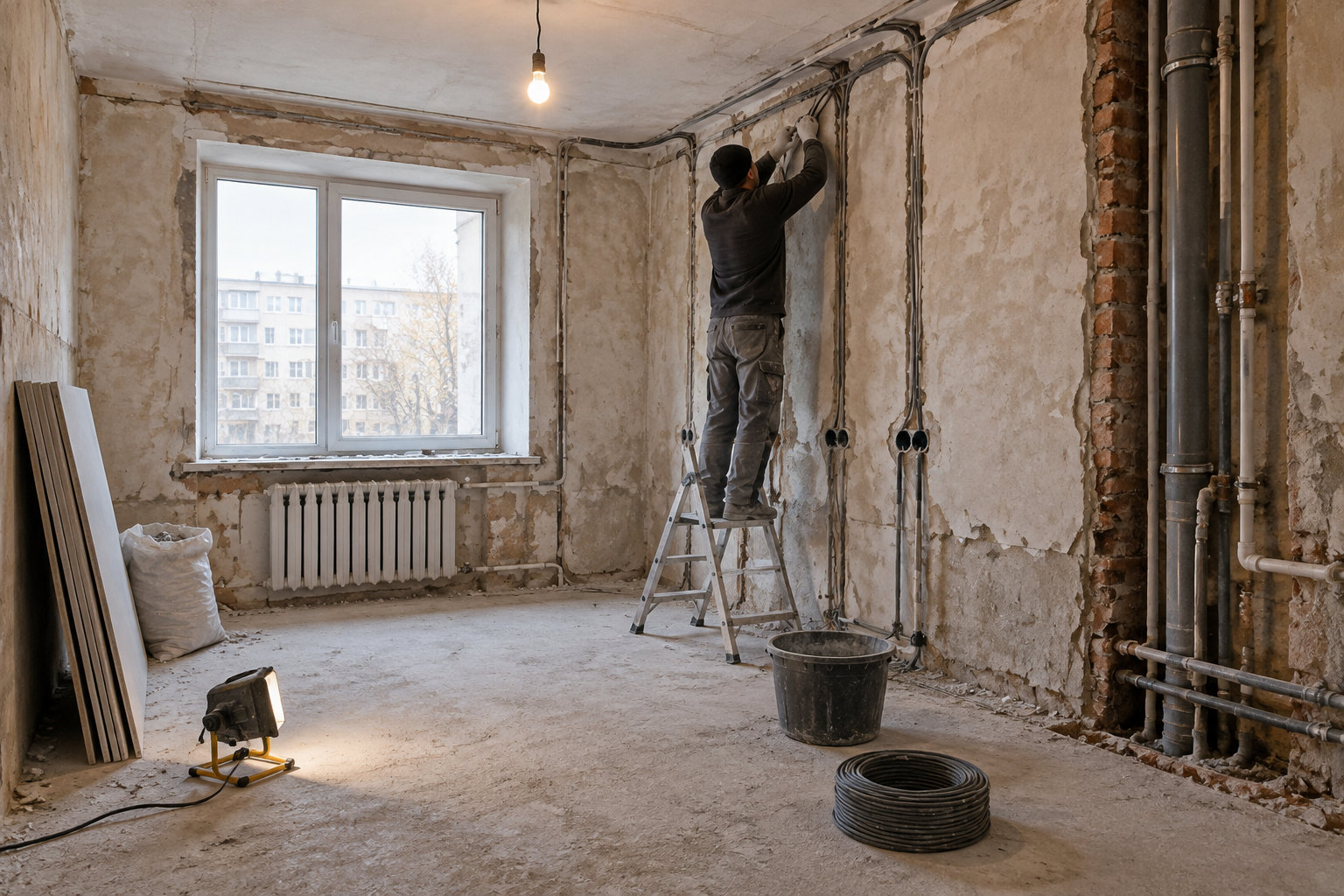 Un trabajador instala cables en una habitación en obras, subido a una escalera, con las paredes desconchadas y tuberías a la vista.
