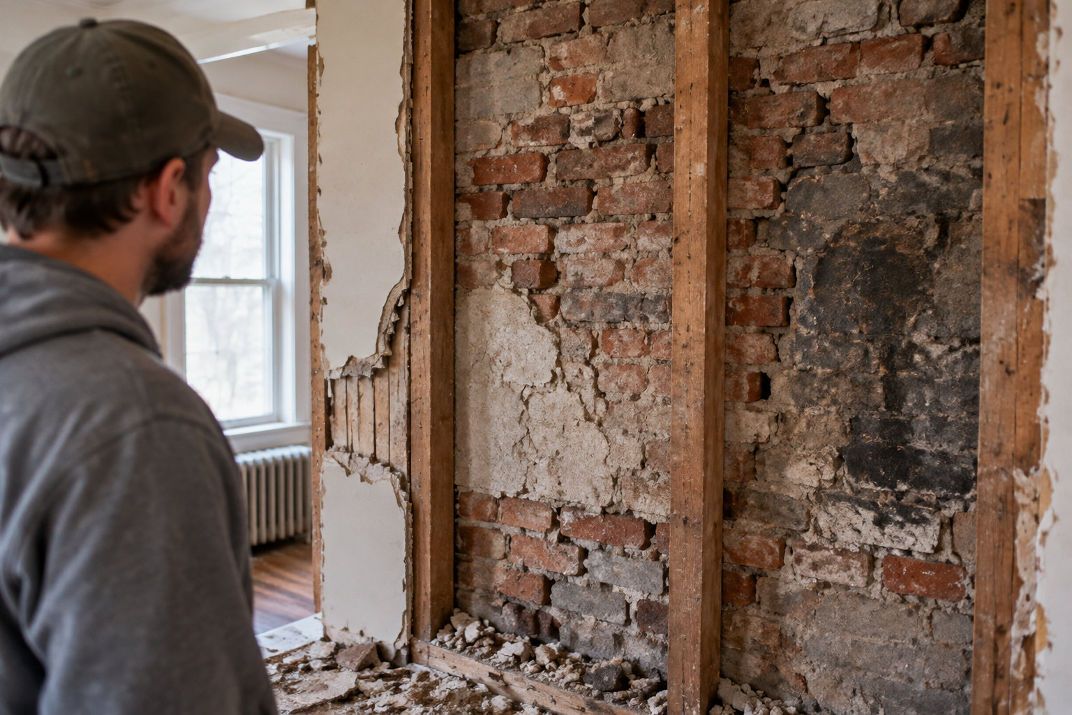 Un hombre con gorra observa una pared interior parcialmente descubierta, con ladrillos, vigas de madera y escombros en el suelo.